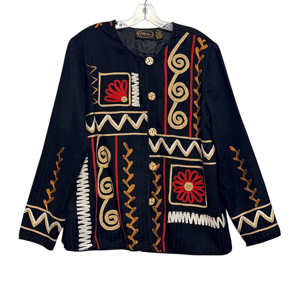 Alex Kim Soutache Embroidered Trim Toggle Button Jacket Black Red Gold Womens XL
